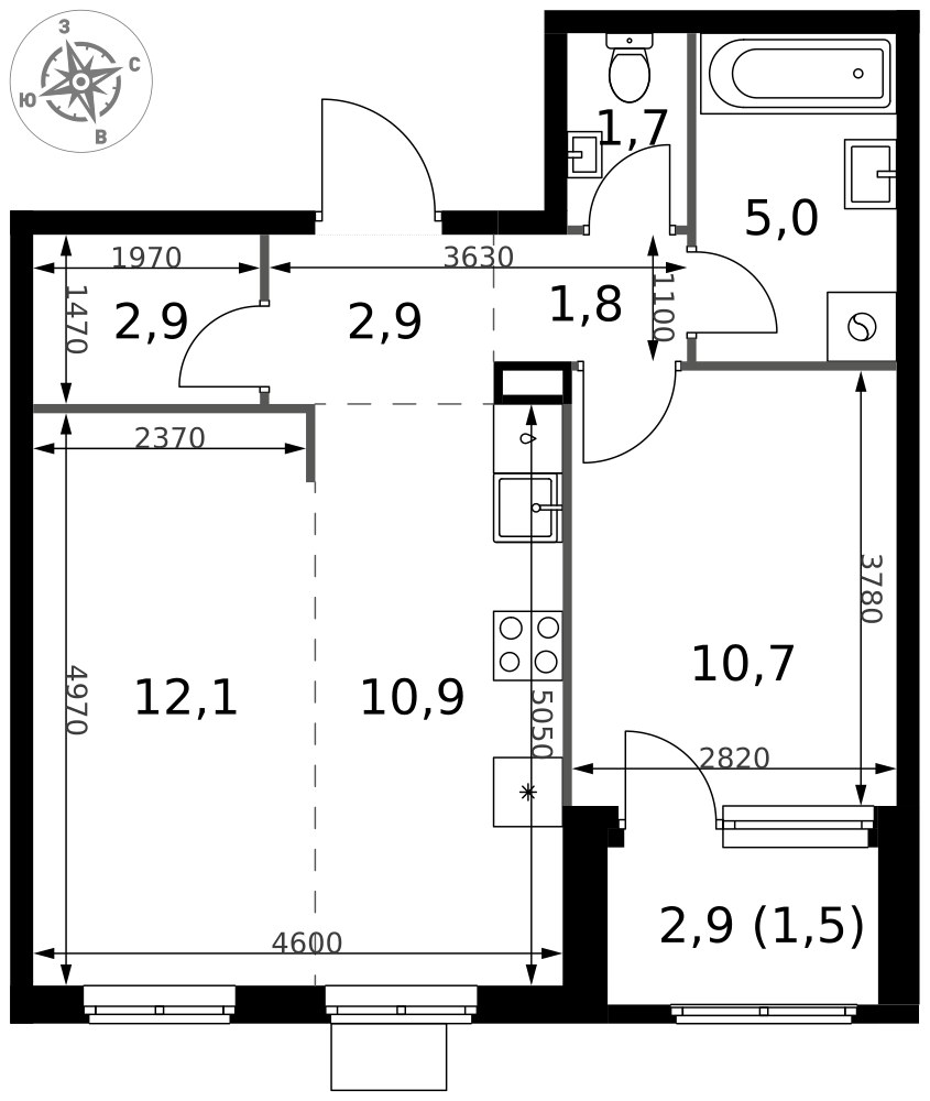 Планировка 49.5 м²