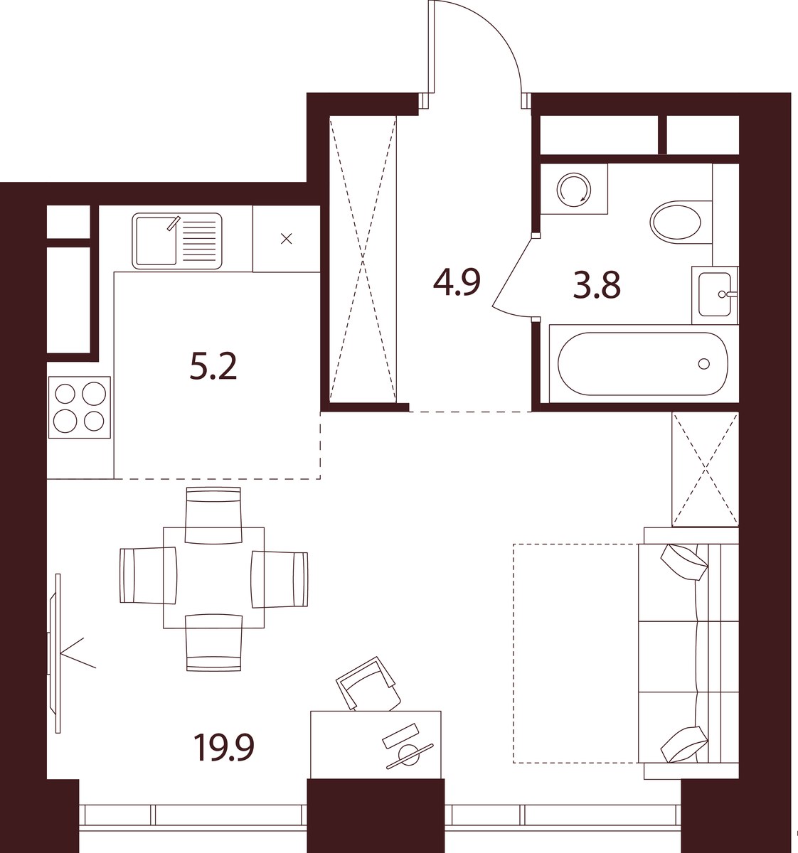 Планировка: 1-комнатная, 33.8 м²