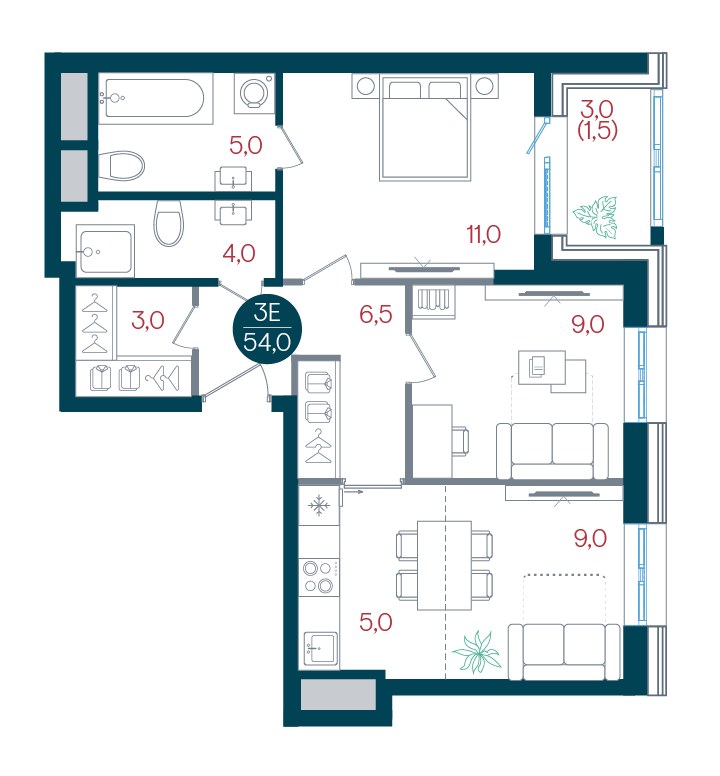 Планировка 54.0 м²