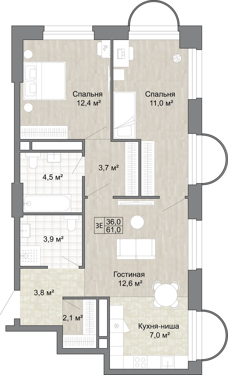 Планировка 61.0 м²