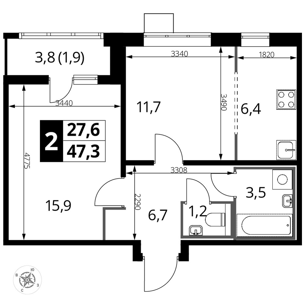 Планировка: 2-комнатная, 47.4 м²