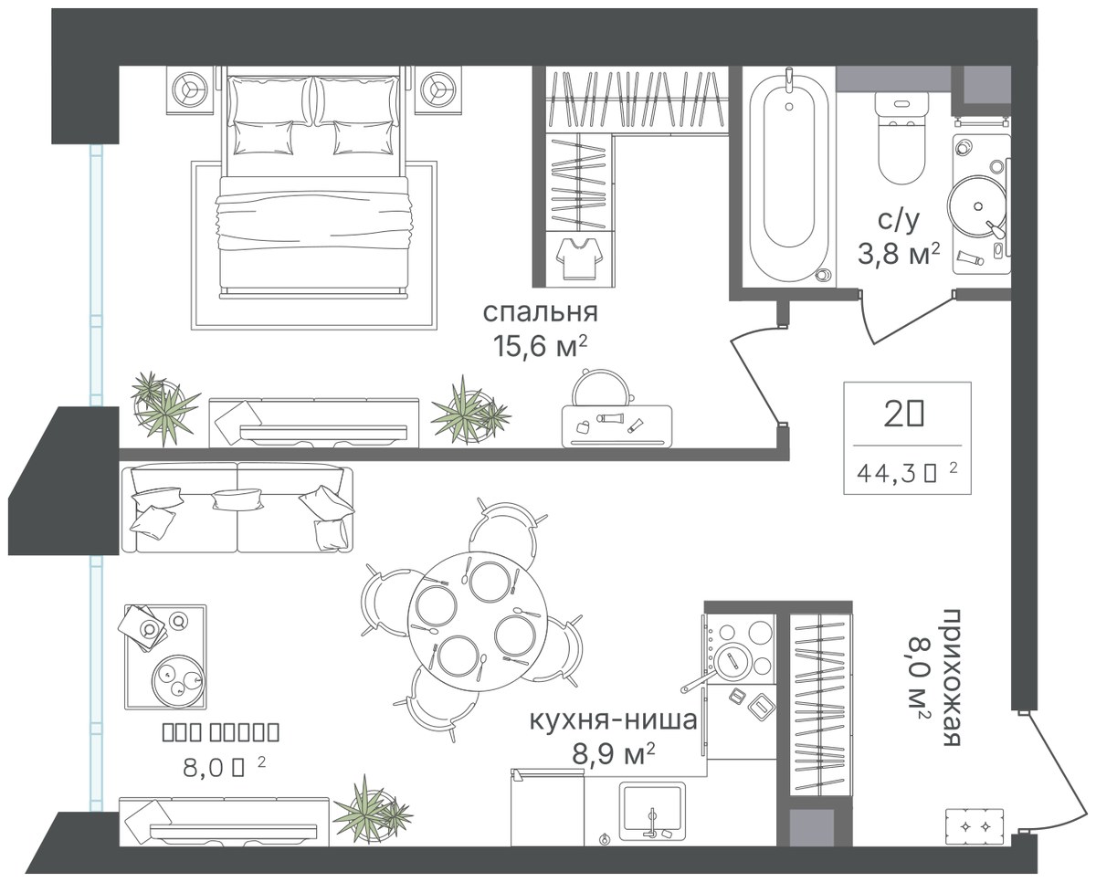 Планировка 44.3 м²