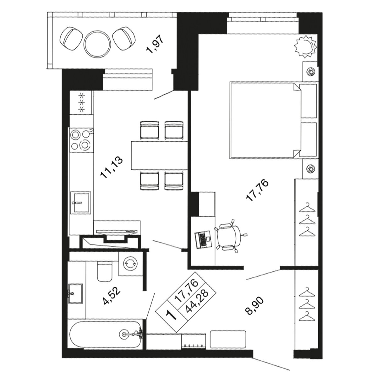 Планировка: 1-комнатная, 42.2 м²