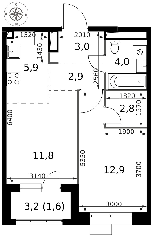 Планировка 44.9 м²