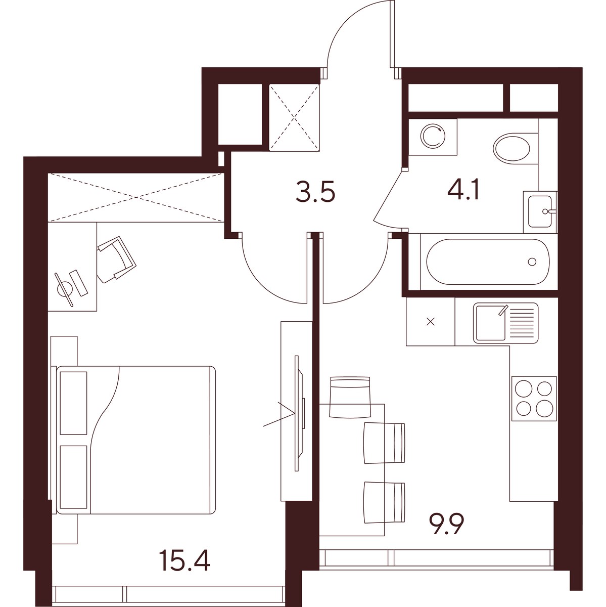 Планировка: 1-комнатная, 32.9 м²