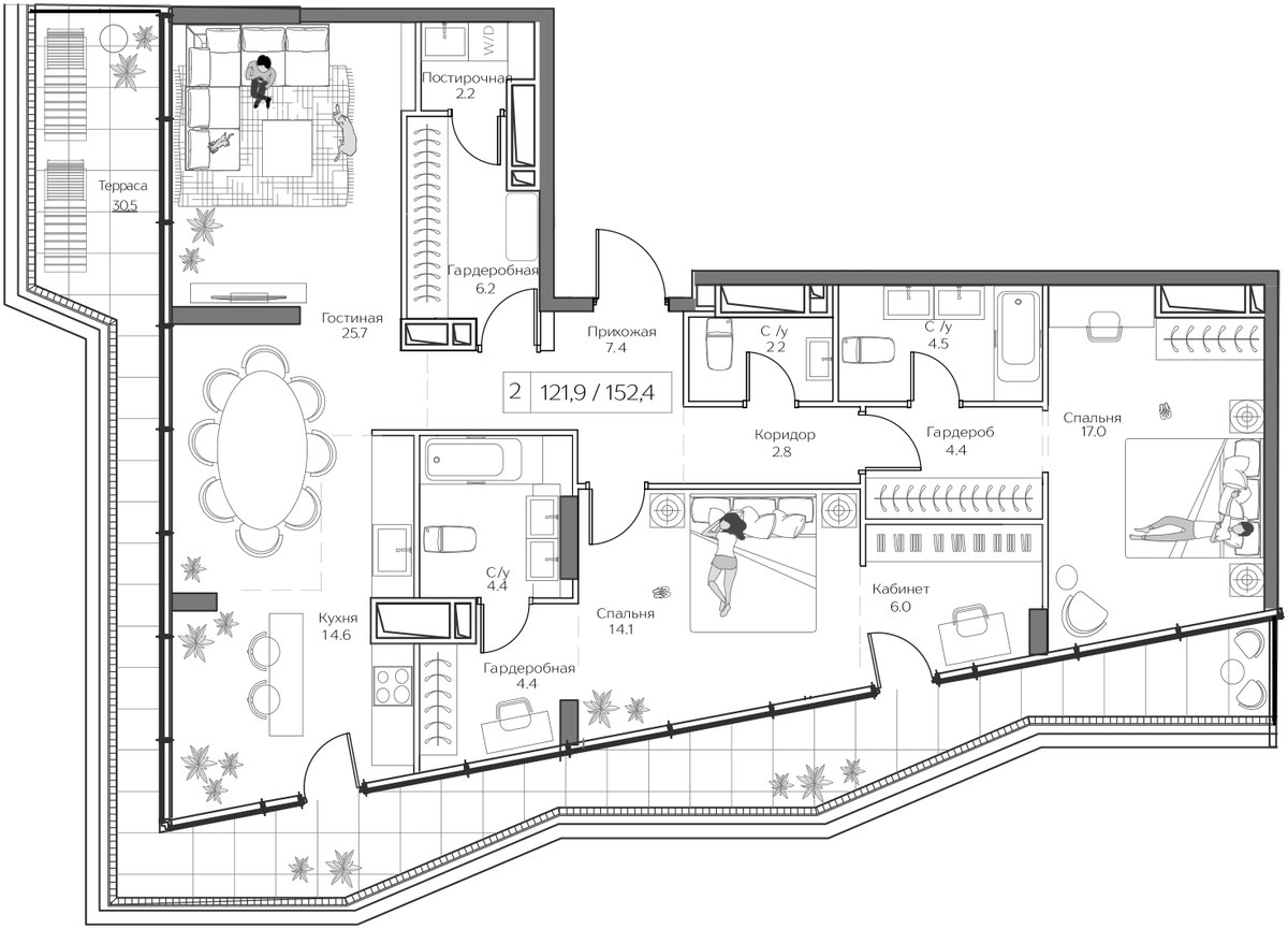 Планировка: 1-комнатная, 121.9 м²
