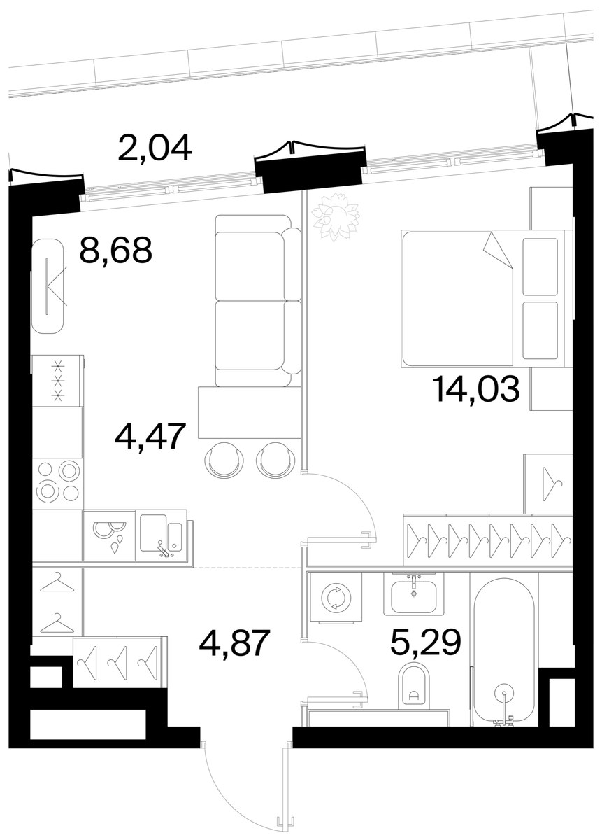 Планировка: 1-комнатная, 39.38 м²