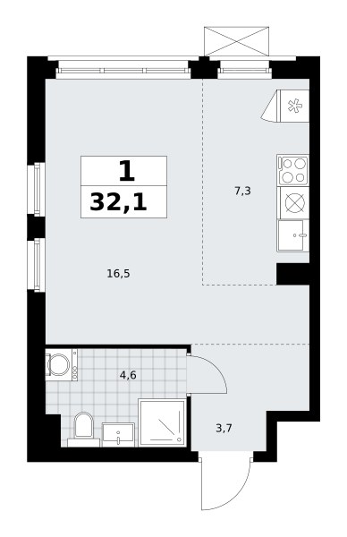 Планировка: 1-комнатная, 32.1 м²