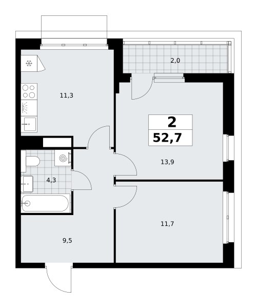 Планировка: 2-комнатная, 52.7 м²