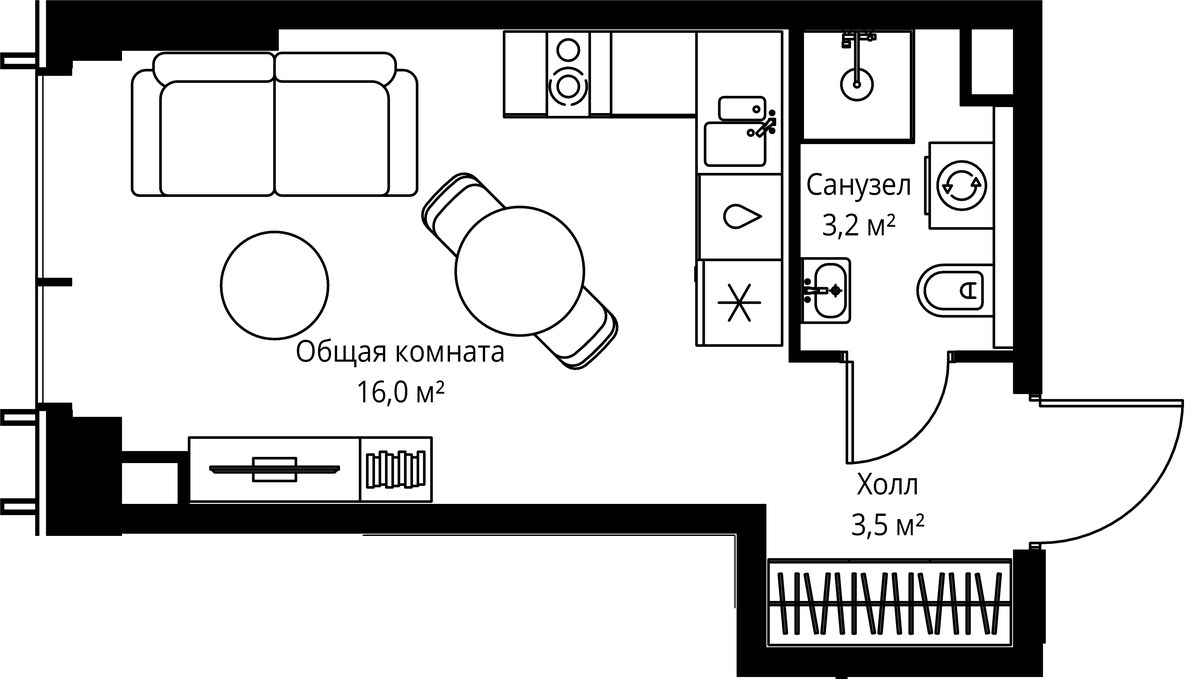 Планировка: 1-комнатная, 22.7 м²