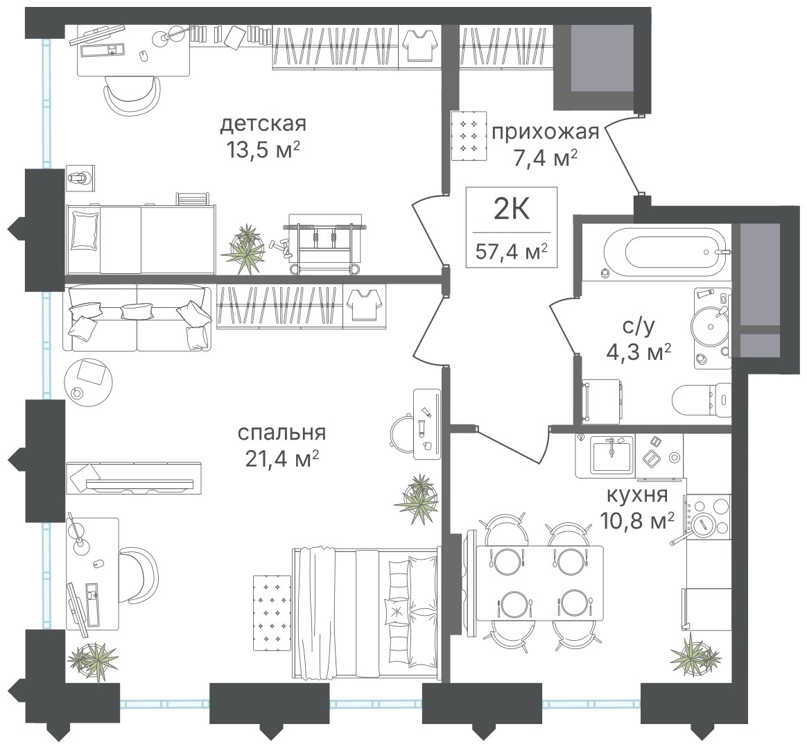 Планировка 57.4 м²