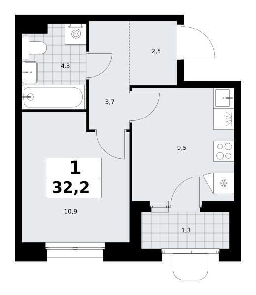 Планировка: 1-комнатная, 32.2 м²