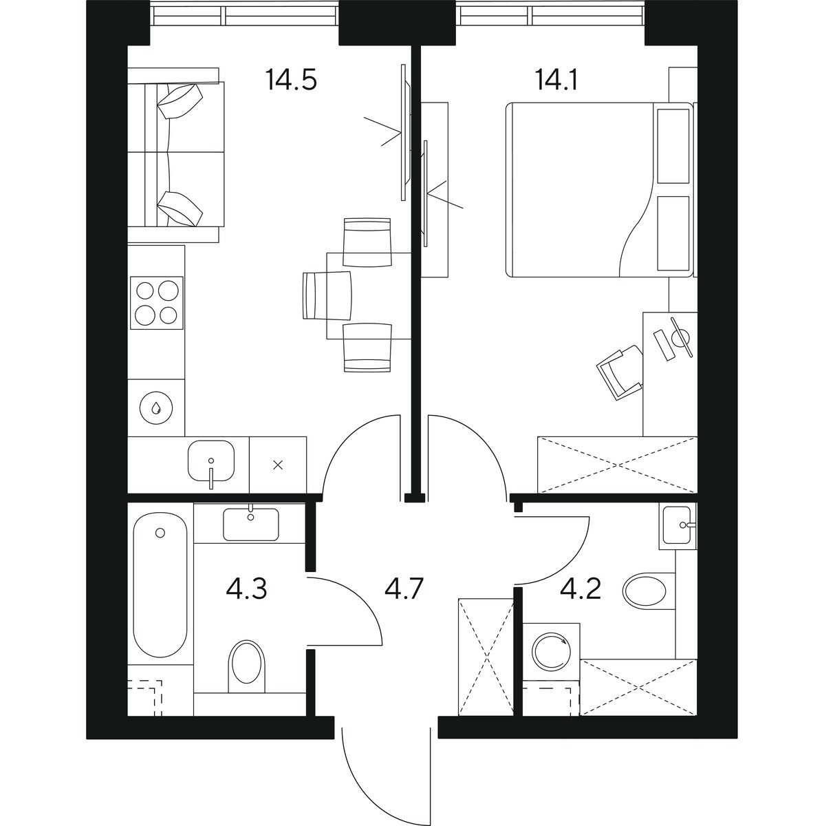 Планировка: 1-комнатная, 41.8 м²