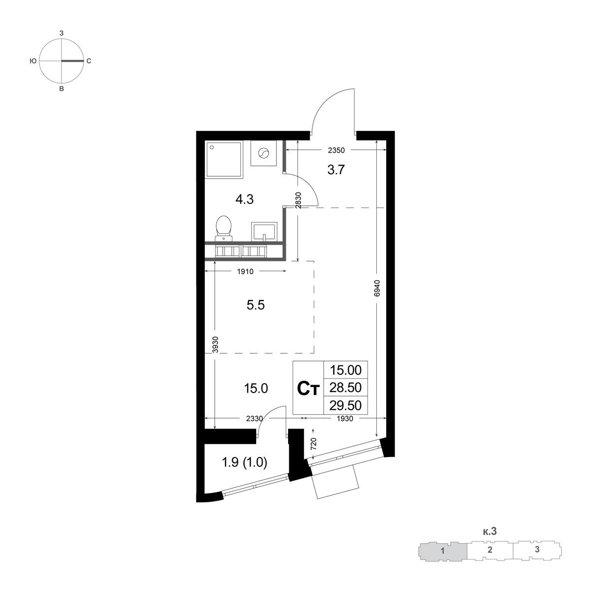 Планировка: Студия, 29.5 м²