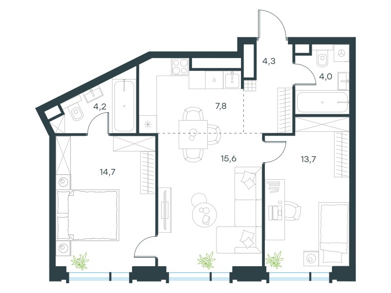 Планировка 64.3 м²