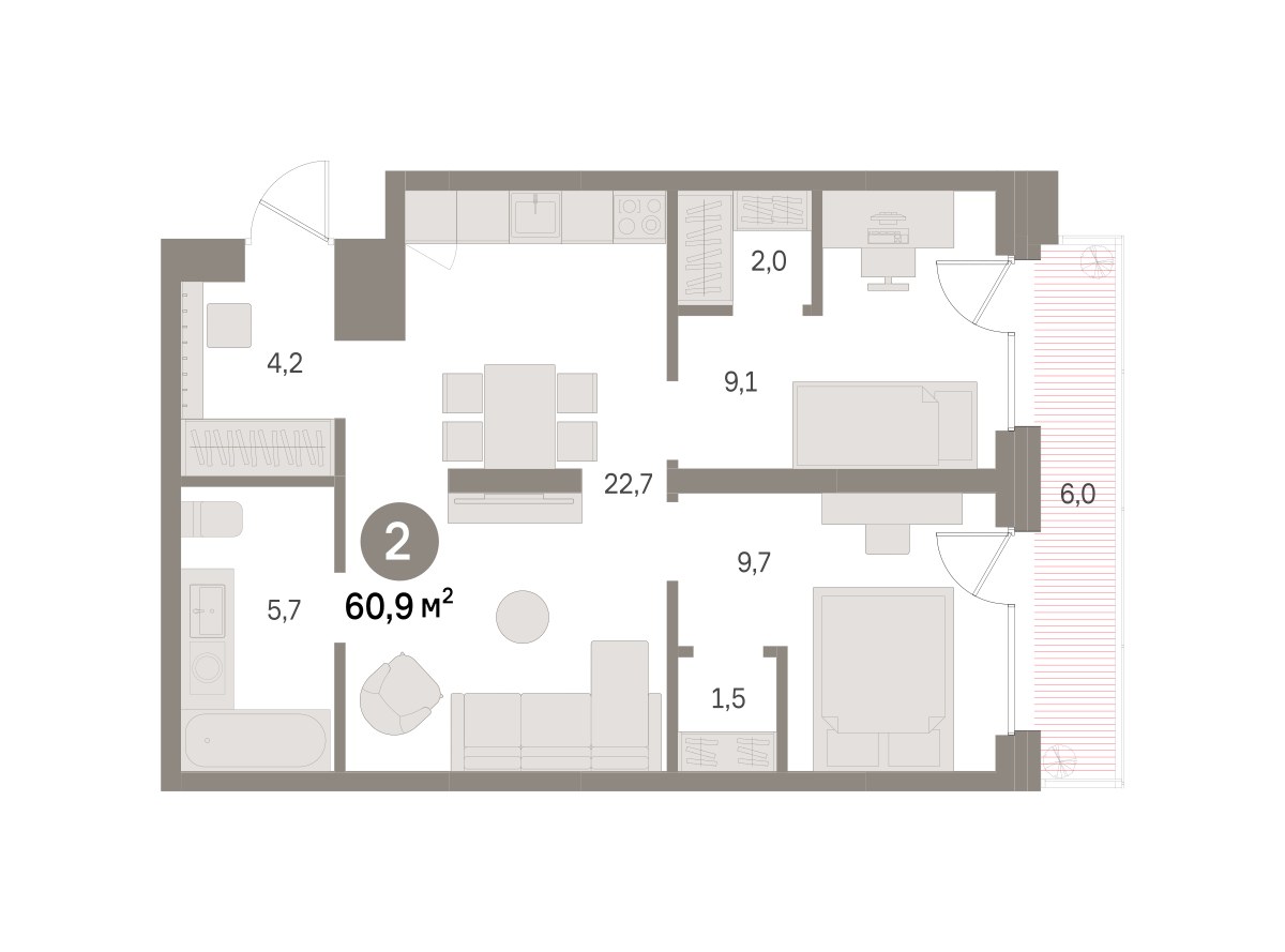 Планировка 60.9 м²
