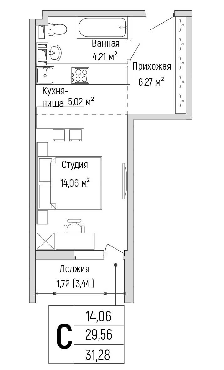 Планировка: Студия, 31.28 м²