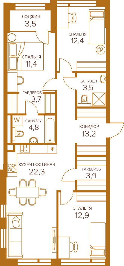 Планировка: 3-комнатная, 89.9 м²