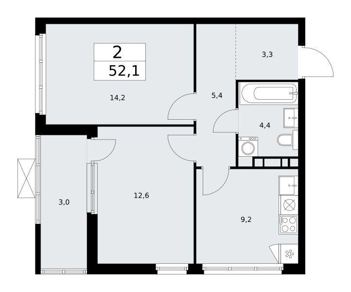 Планировка: 2-комнатная, 52.1 м²