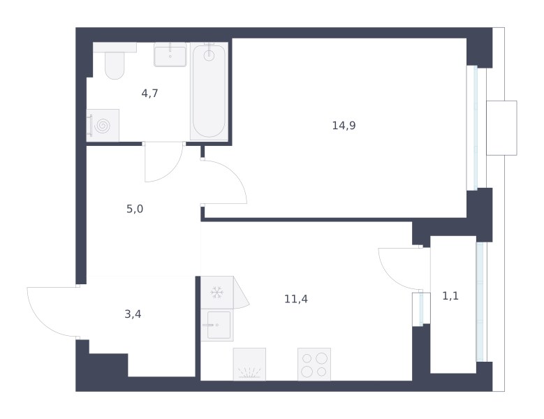 Планировка: 1-комнатная, 40.5 м²