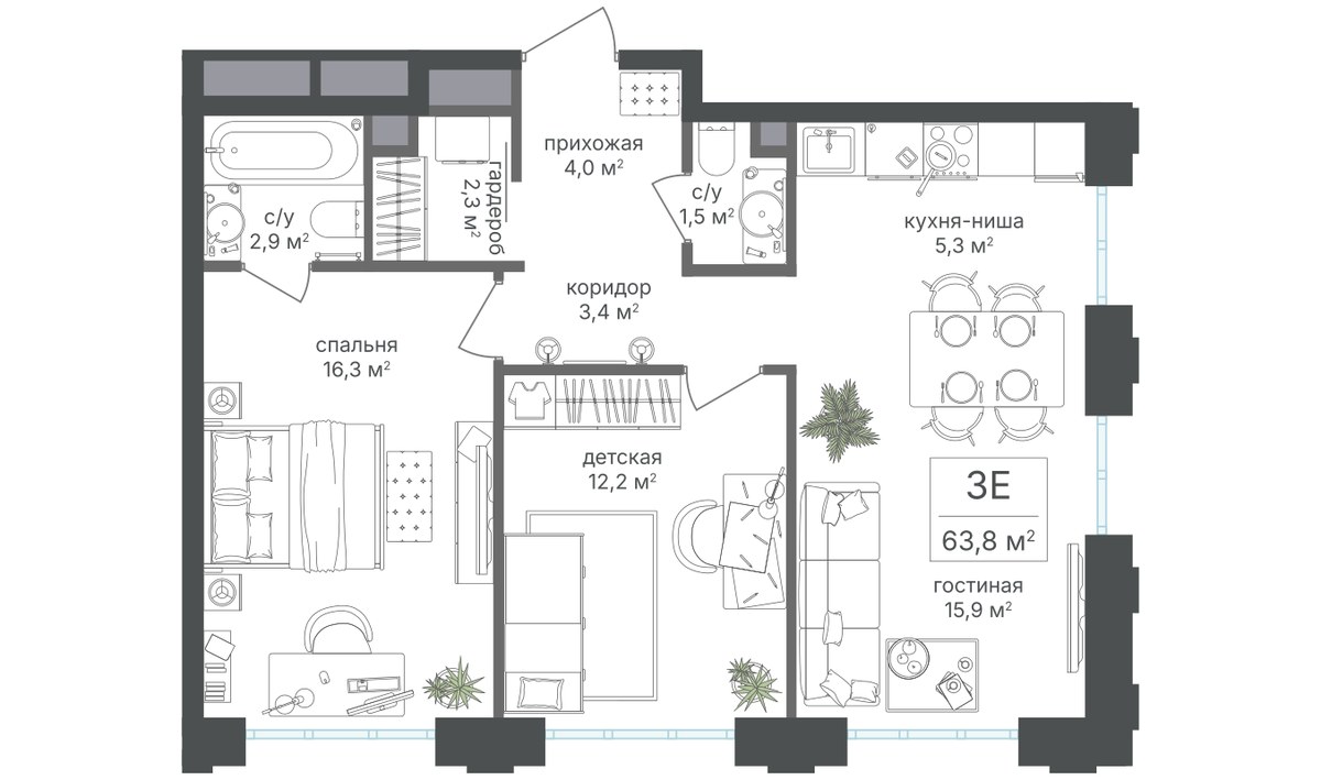 Планировка 63.8 м²