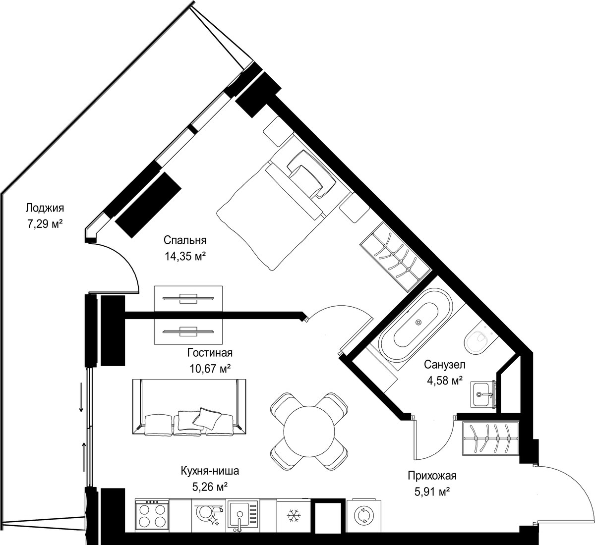 Планировка: 1-комнатная, 48.06 м²