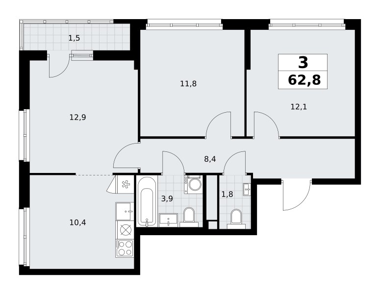Планировка: 3-комнатная, 62.8 м²