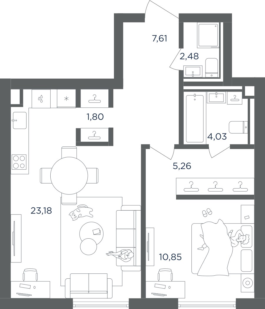 Планировка: 1-комнатная, 55.21 м²