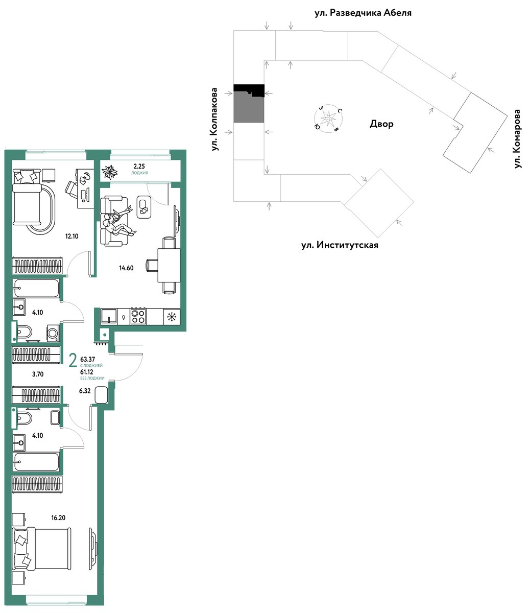 Планировка 63.37 м²