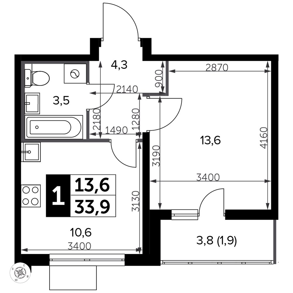 Планировка 34.4 м²