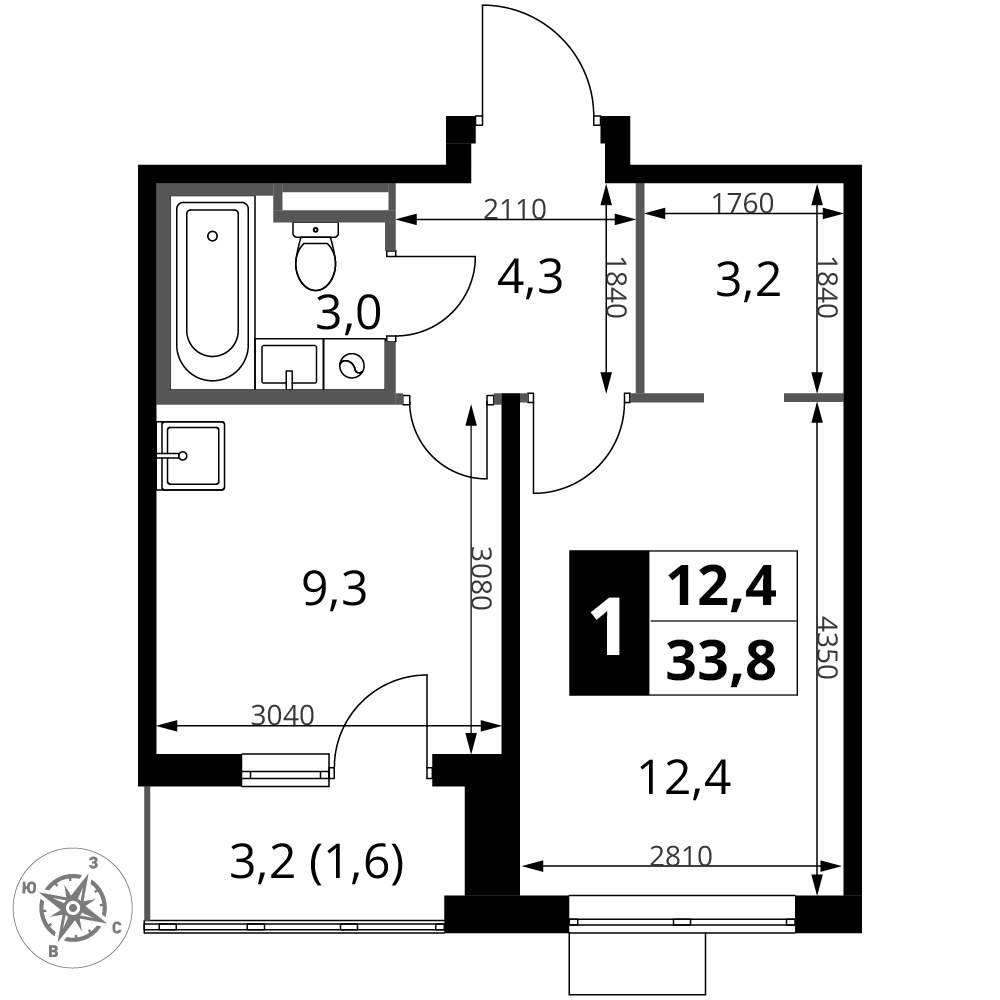 Планировка 33.8 м²