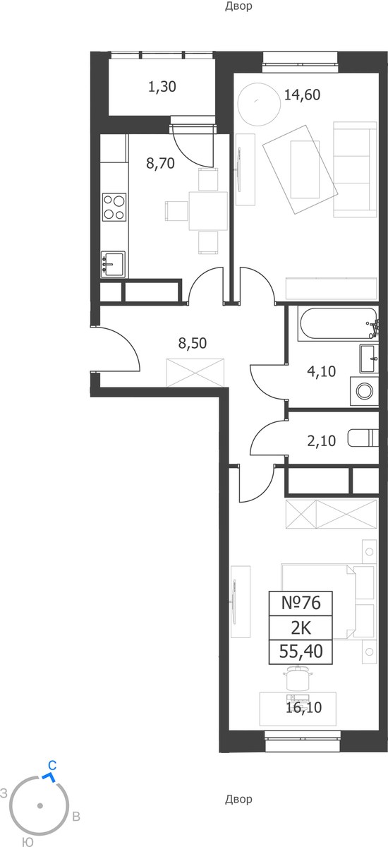 Планировка 55.4 м²