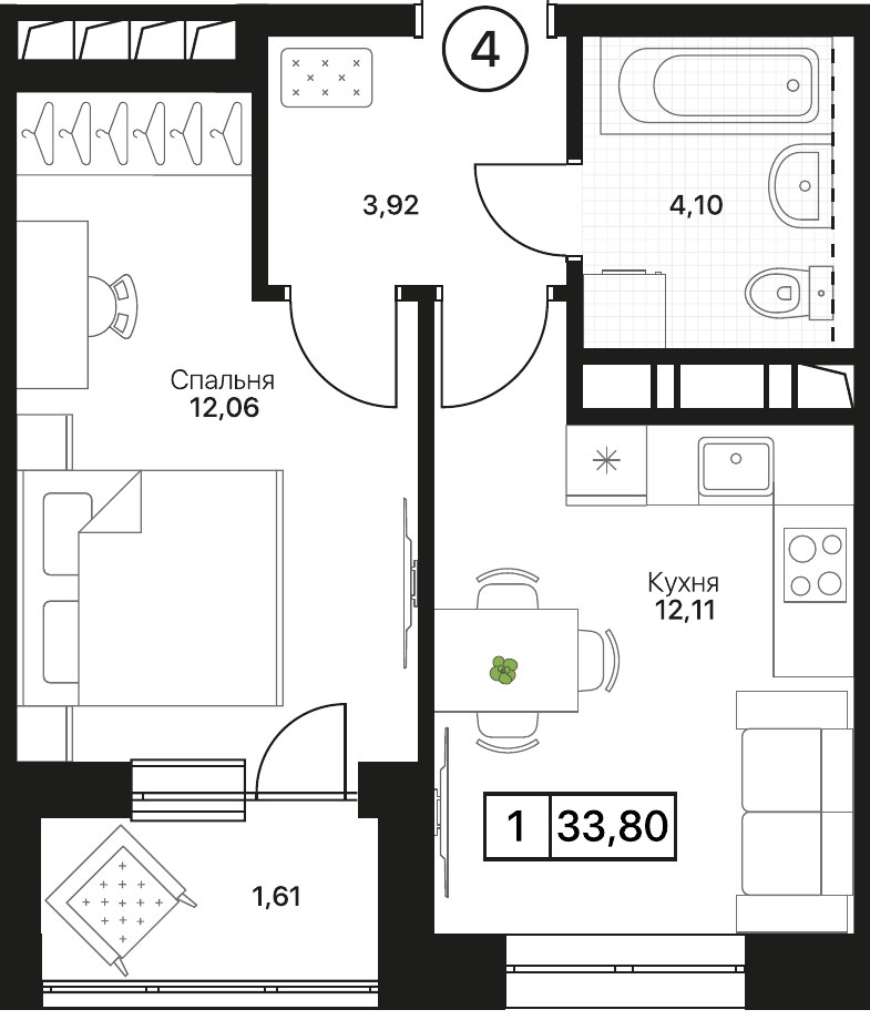 Планировка 33.8 м²