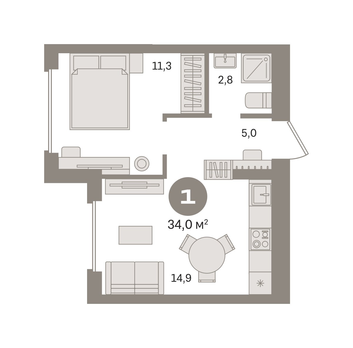 Планировка 33.97 м²