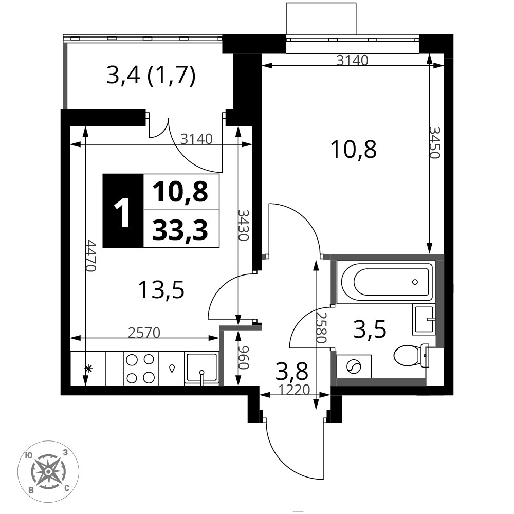 Планировка 33.3 м²