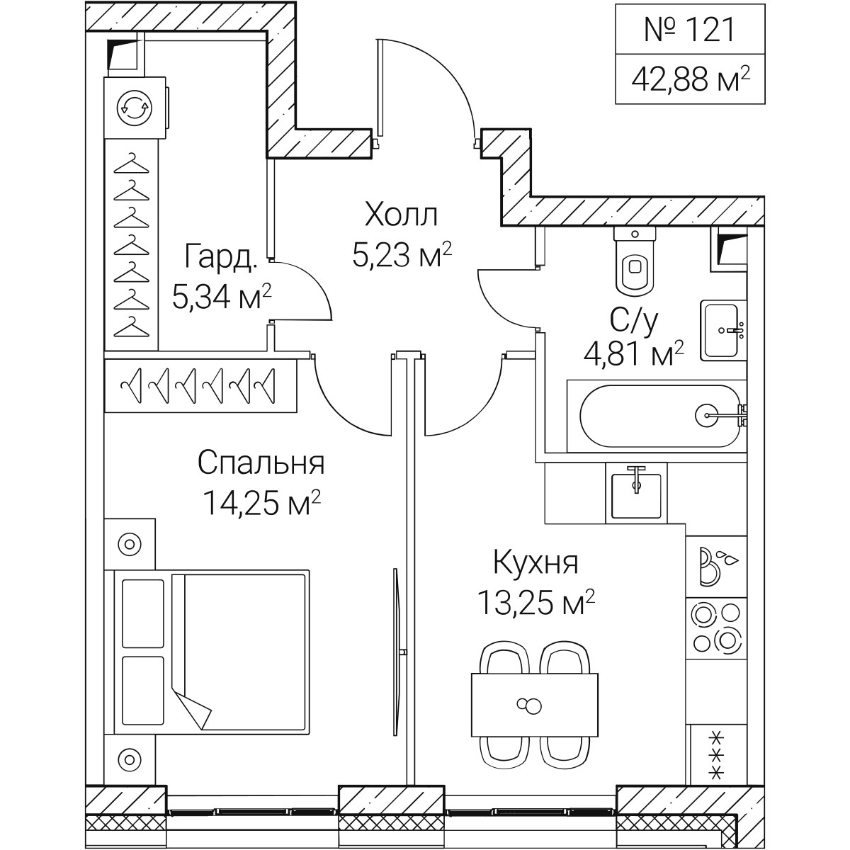 Планировка 42.88 м²