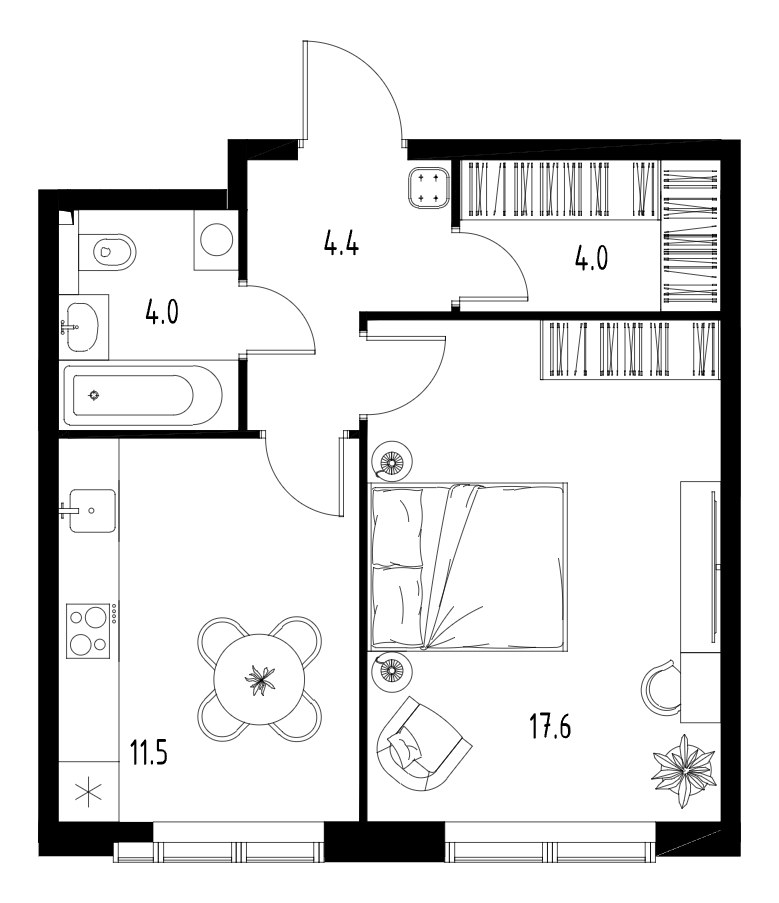 Планировка: 1-комнатная, 41.4 м²