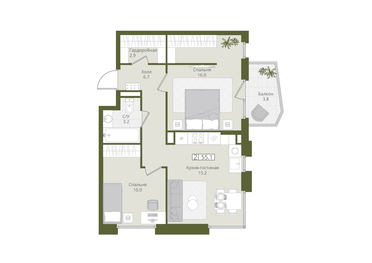 Планировка 55.1 м²