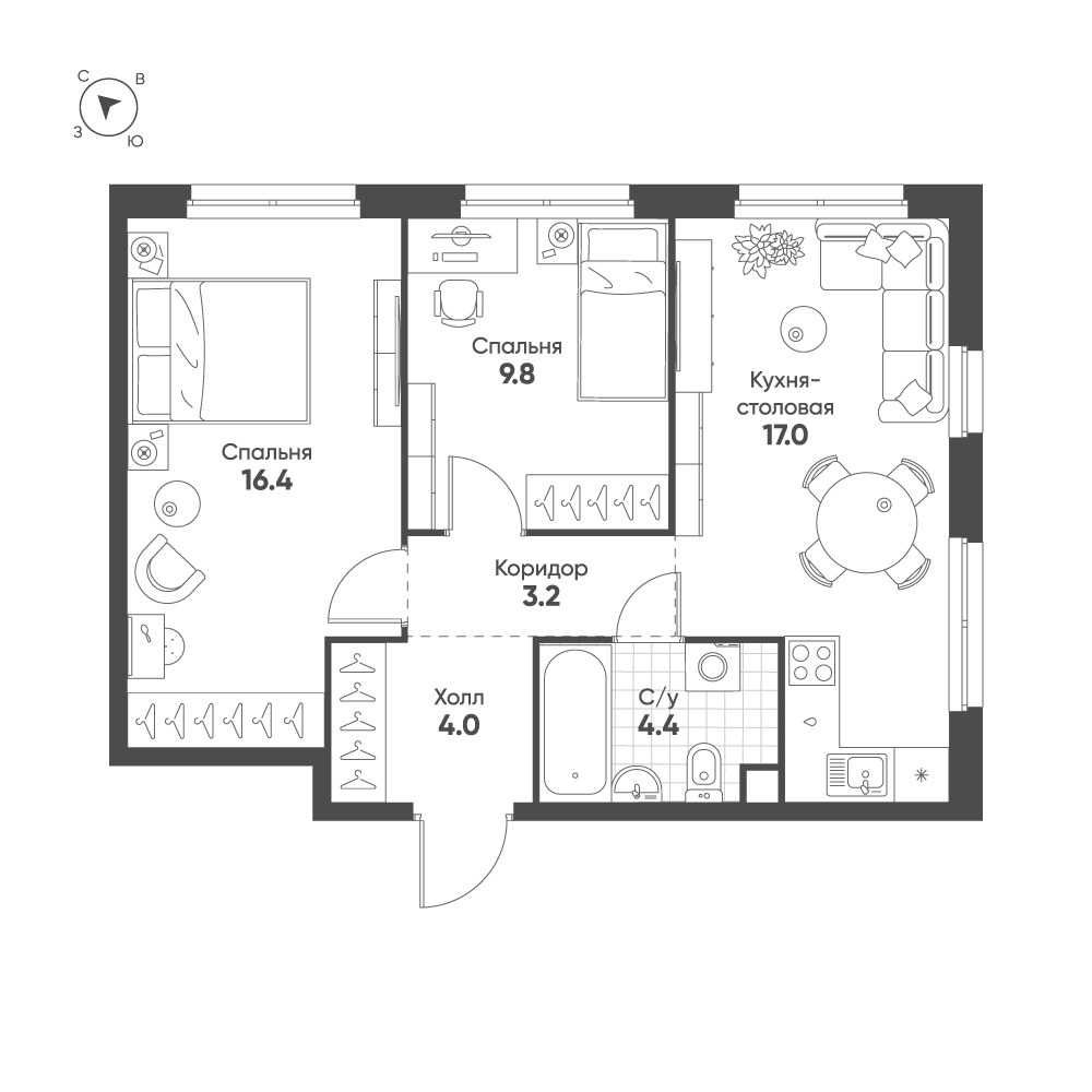 Планировка 54.8 м²