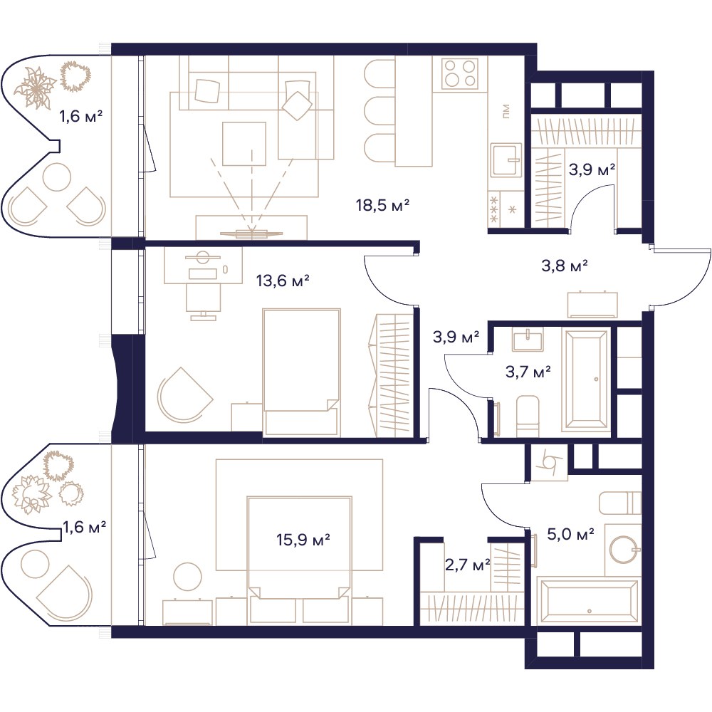 Планировка 74.4 м²