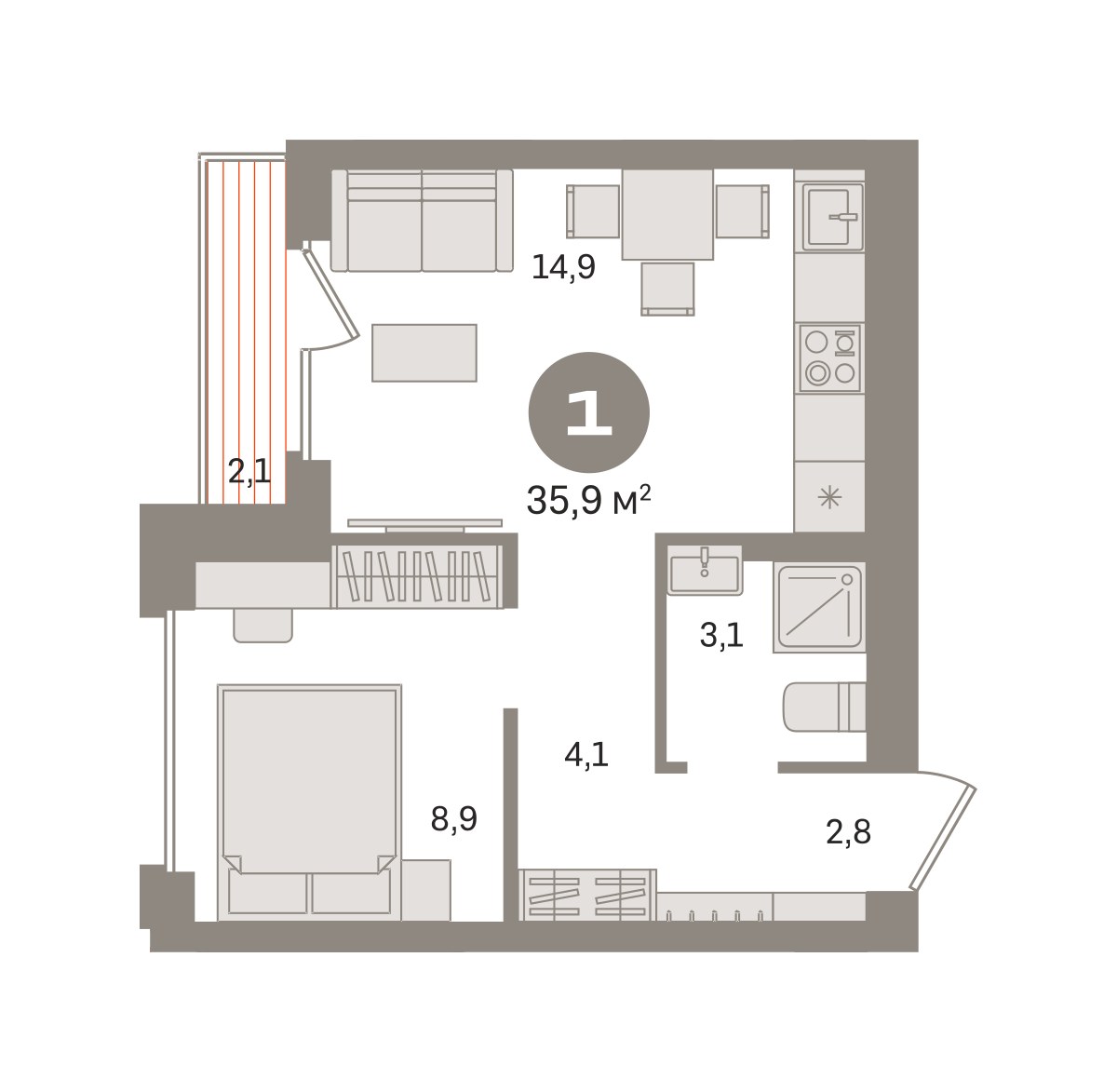 Планировка 35.93 м²