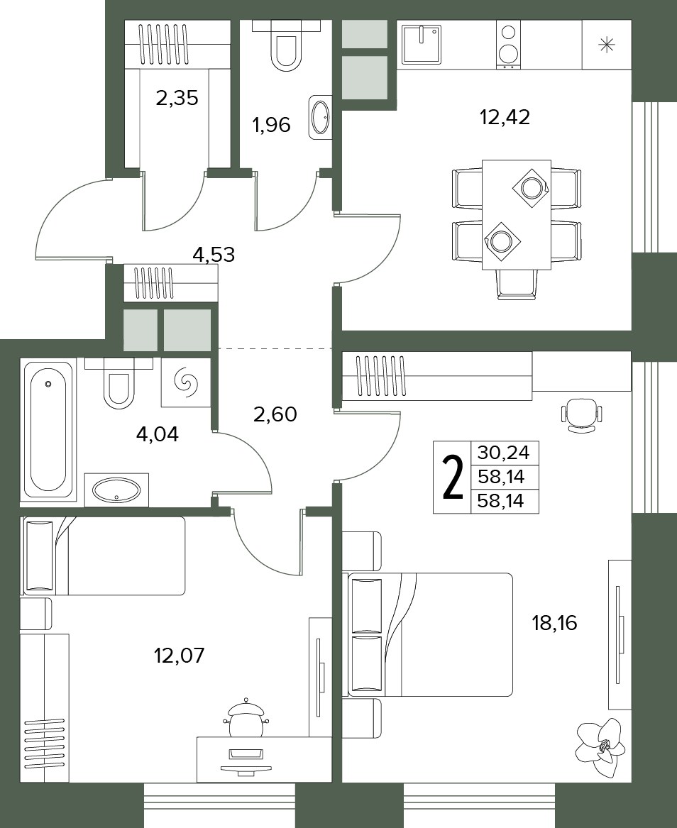 Планировка 58.14 м²