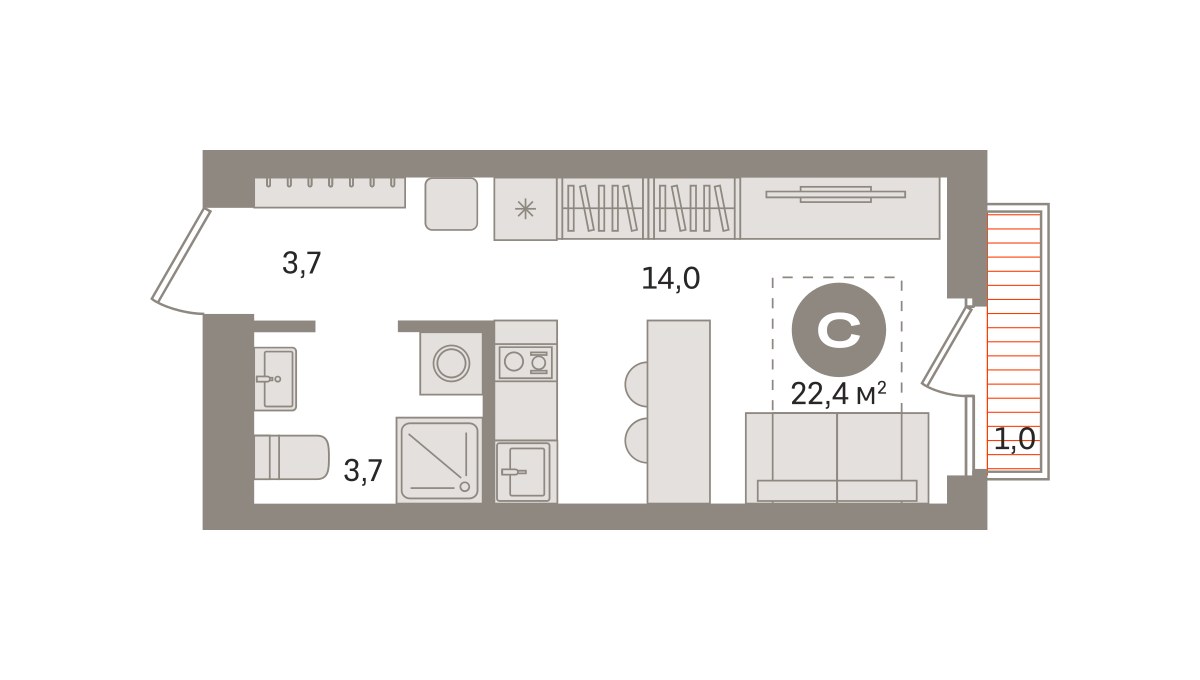 Планировка: Студия, 22.42 м²
