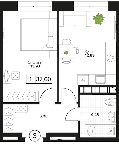 Планировка 37.6 м²