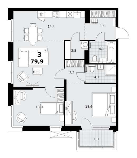 Планировка: 3-комнатная, 79.9 м²