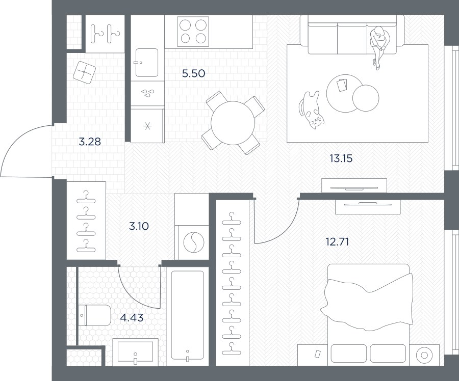 Планировка: 1-комнатная, 42.17 м²