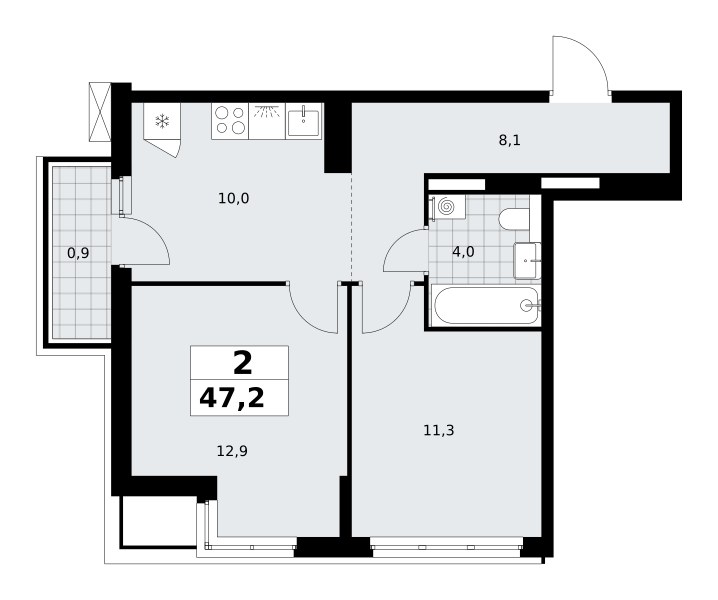 Планировка: 2-комнатная, 47.2 м²