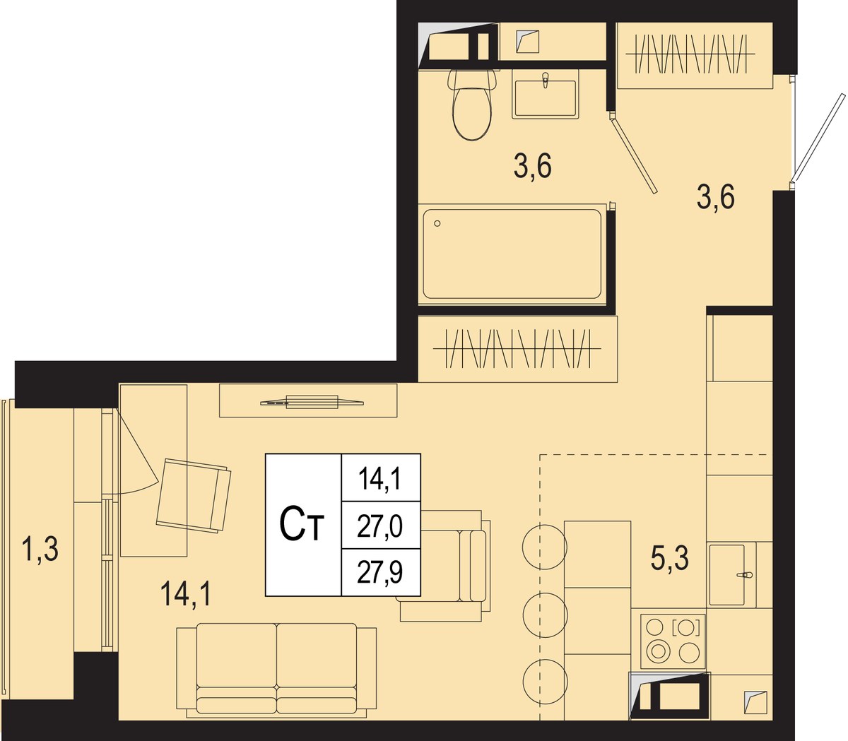 Планировка: 1-комнатная, 27.0 м²