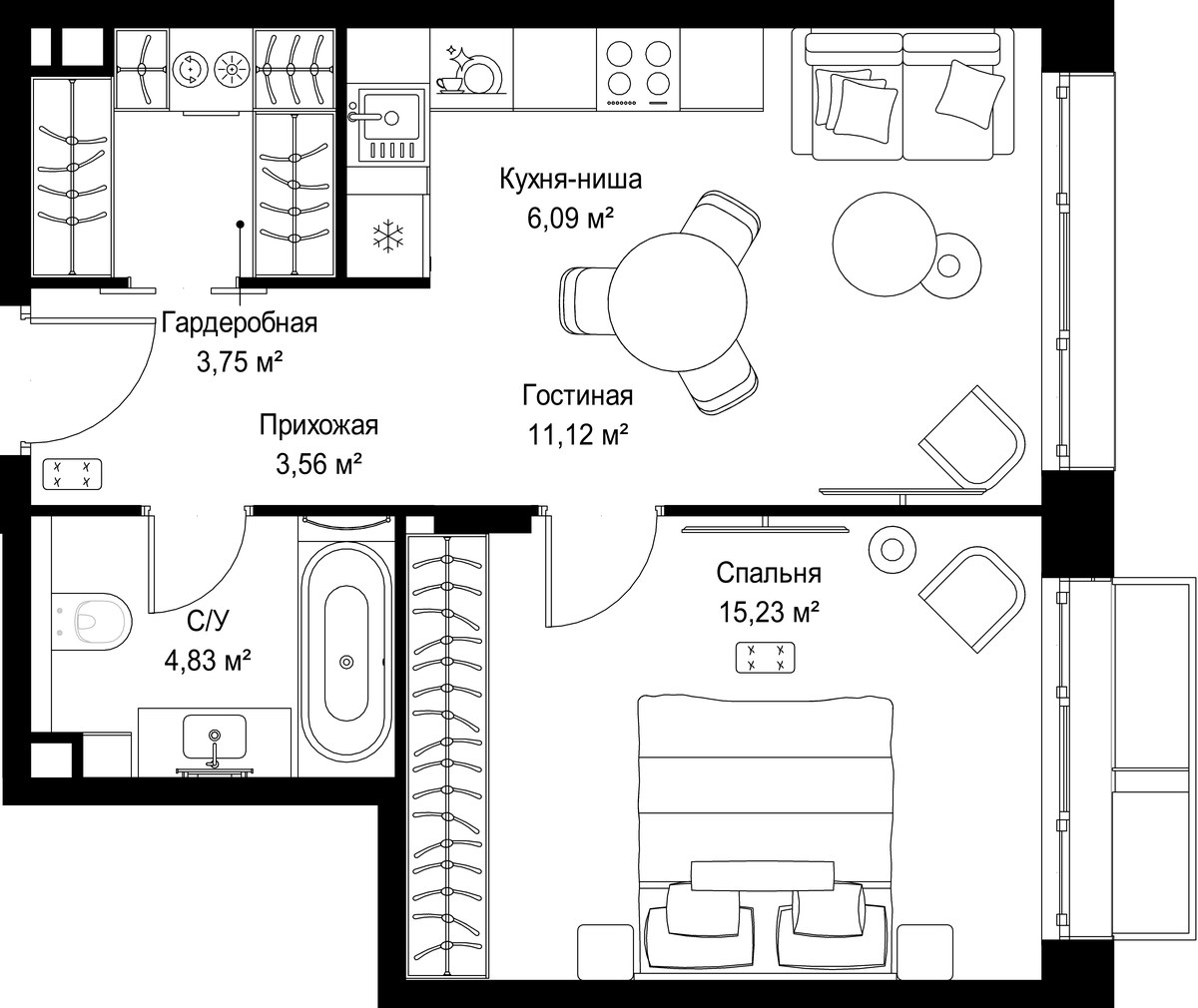 Планировка 44.58 м²