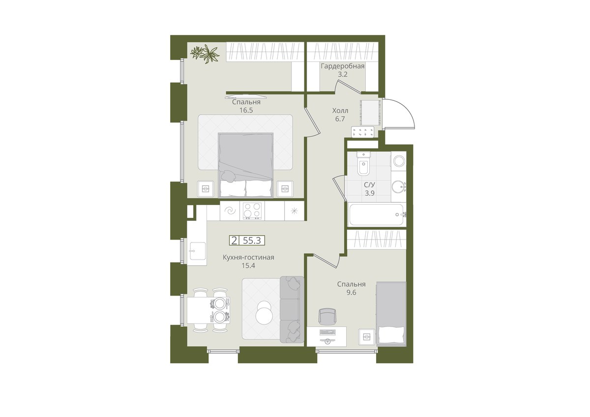 Планировка 55.3 м²